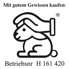 IHTN Tierversuchsfrei, Häschen mit schützender Hand, Betriebsnummer H 161 420
